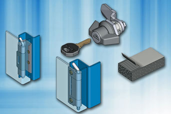 Wall mounted enclosure hardware from EMKA includes quarter-turn locks, wing knobs, hinges and rubber gasket strip